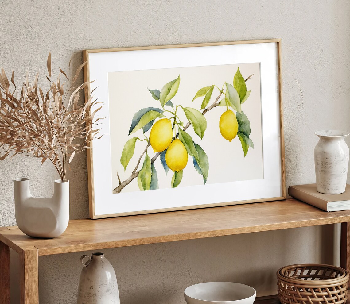 Lemon Branch Watercolor Art Print, Botanical Kitchen Decor - Image 3