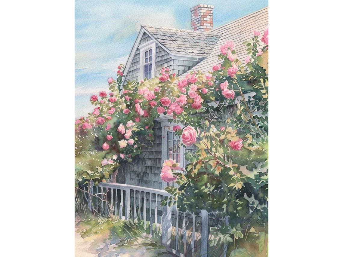 Cape Cod Watercolor Roses Garden Art Print