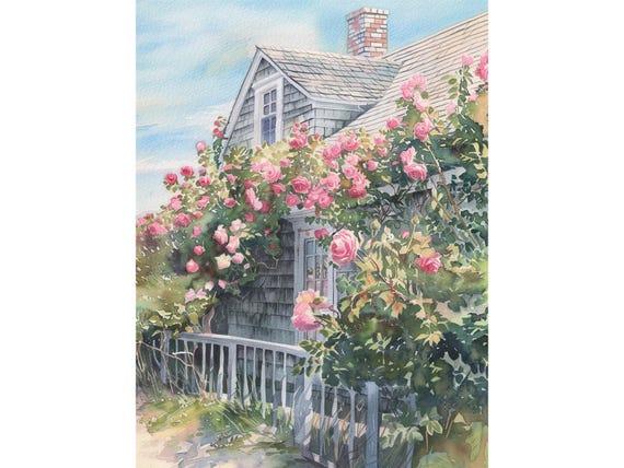 Cape Cod Watercolor Roses Garden Art Print