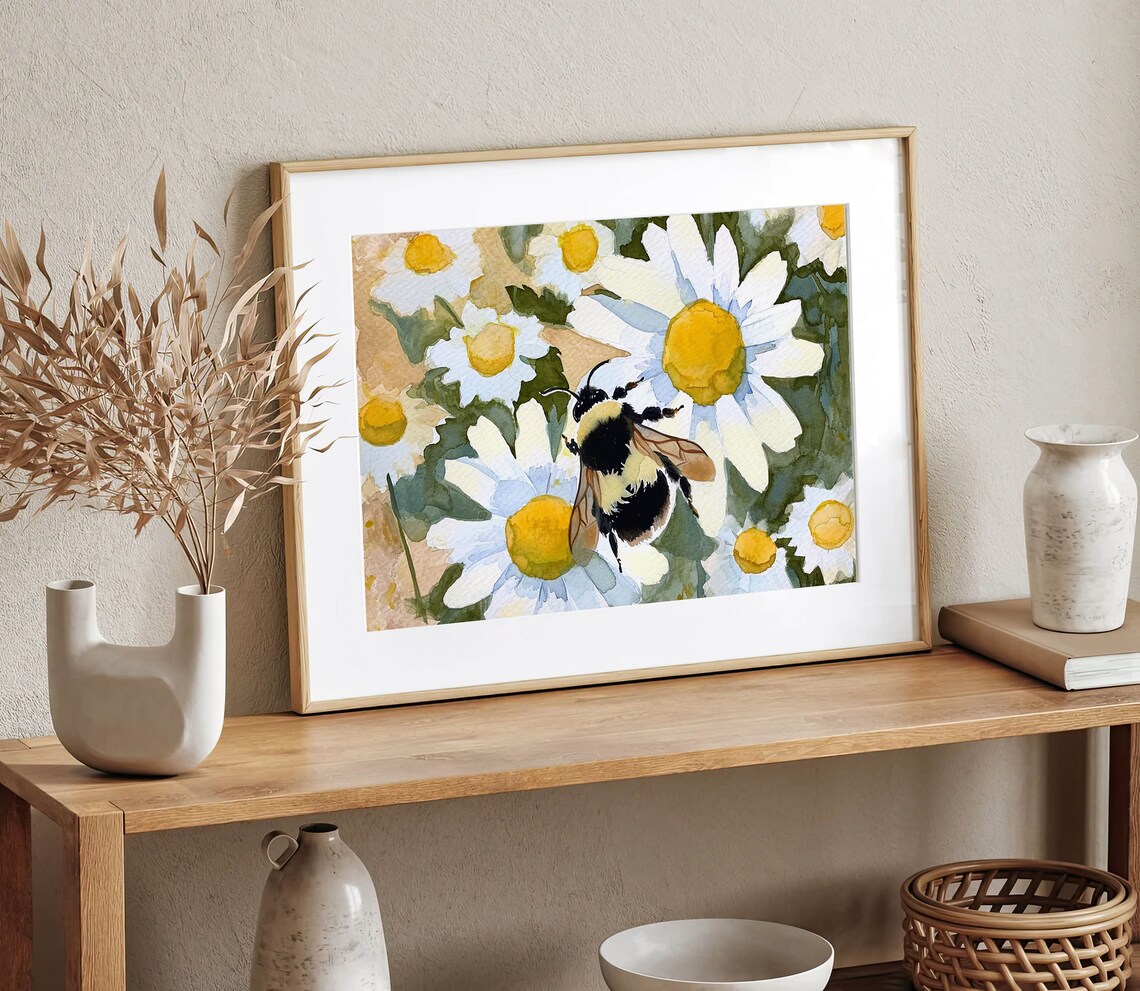 Bumble Bee Daisy Watercolor Art Print, Spring Floral - Image 5