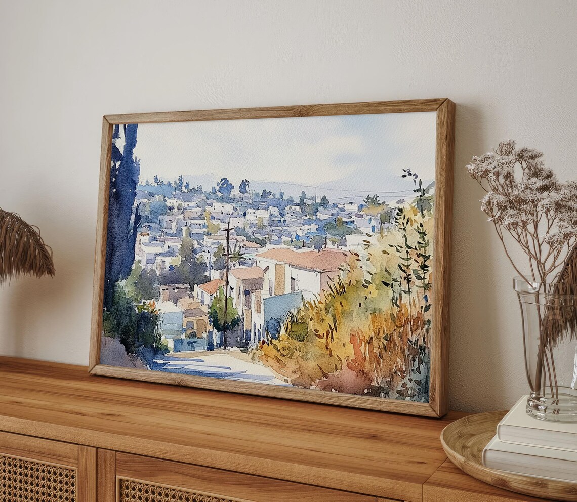 Mediterranean Hillside Village White Houses Watercolor Travel Poster - Image 4