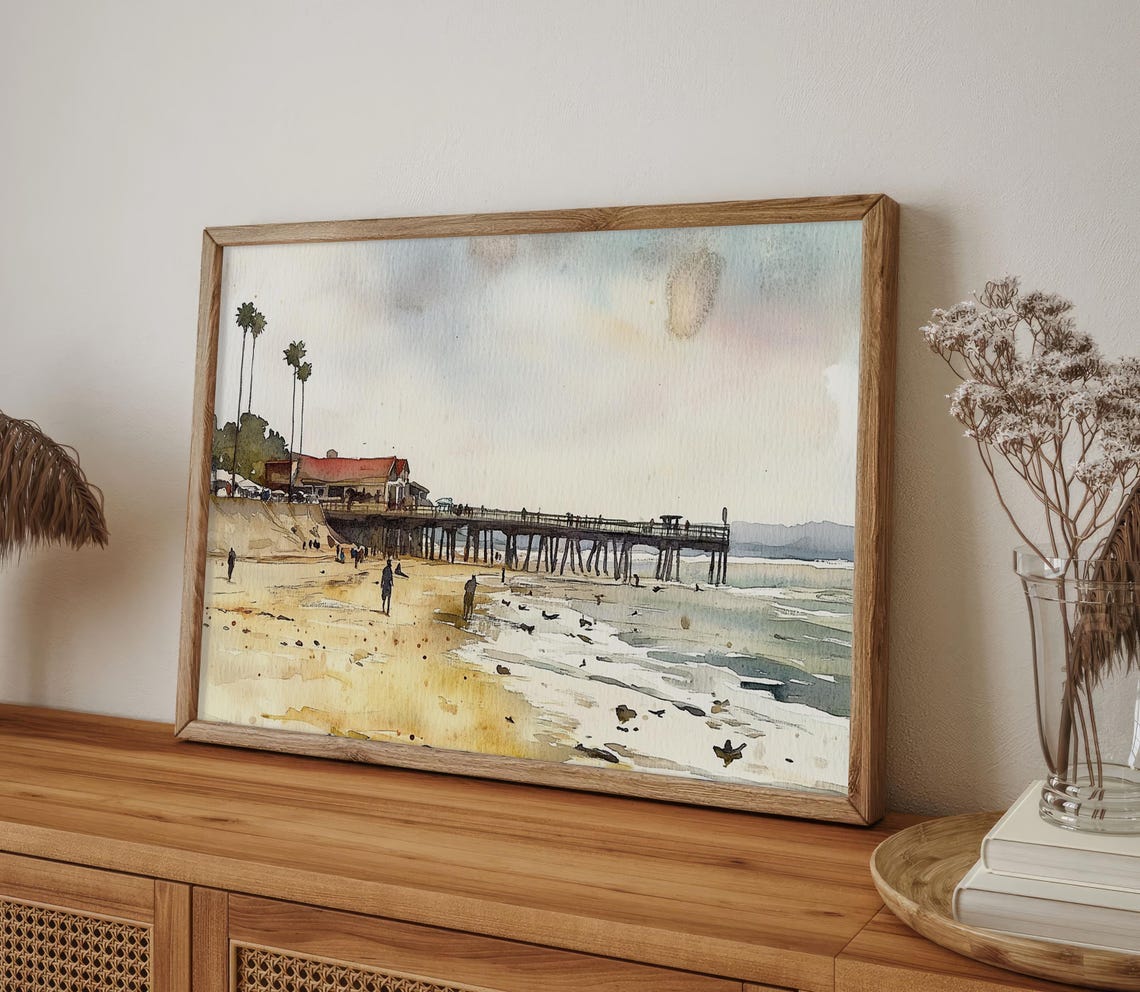 Sunny California Beach Pier with Tall Palm Trees Watercolor Poster - Image 4