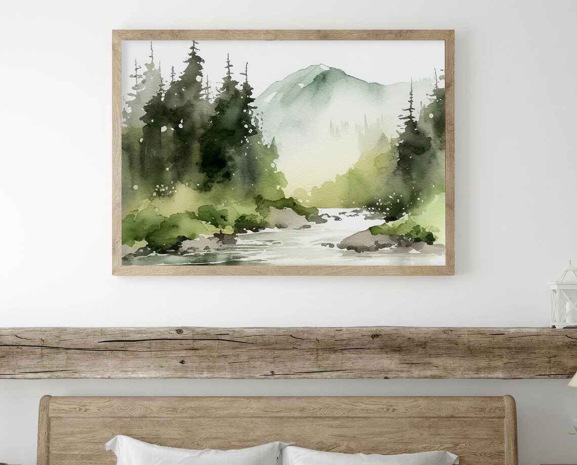 Rocky Mountains Watercolor Art Print, Misty Forest - Image 4