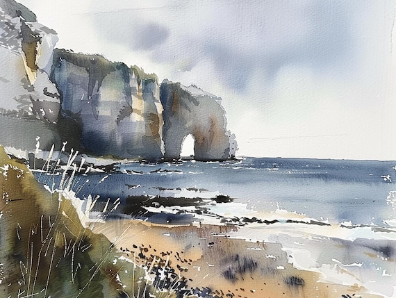Coastal Cliffs with Natural Sea Arch Ocean Watercolor Poster