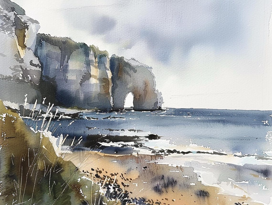 Coastal Cliffs with Natural Sea Arch Ocean Watercolor Poster