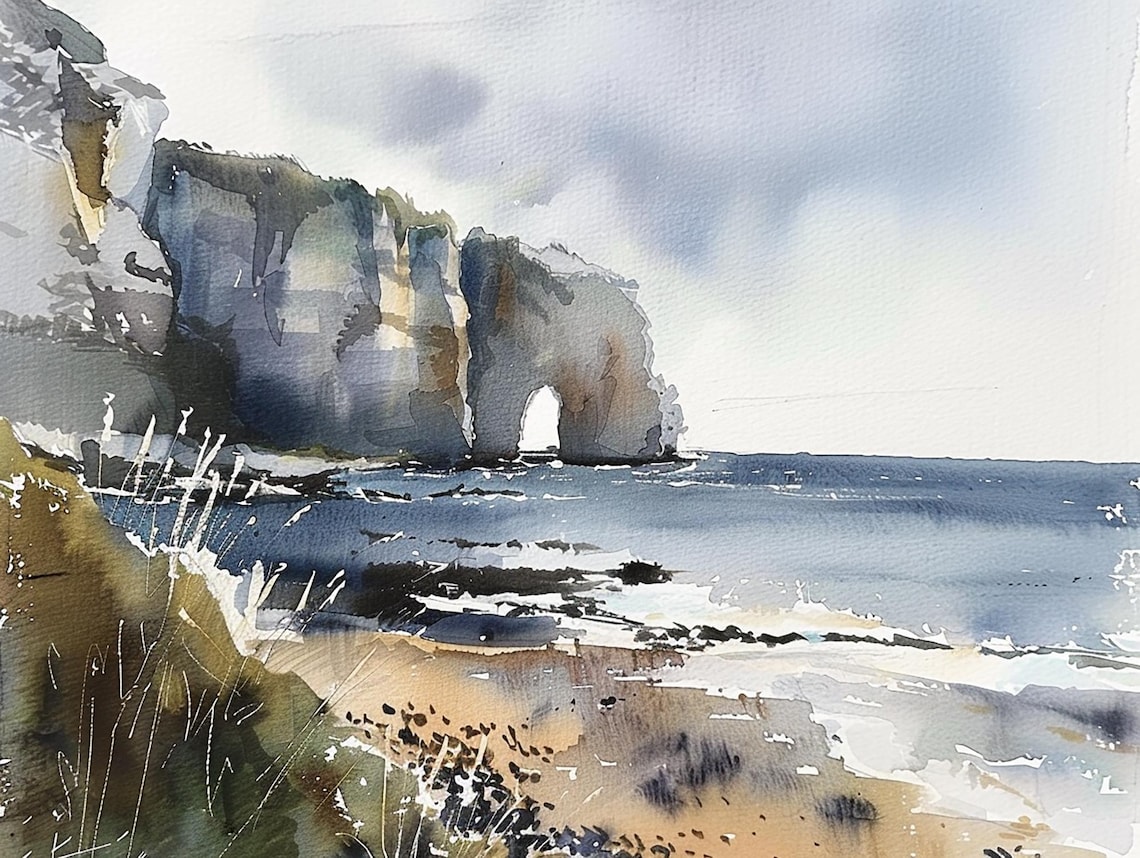 Normandy Painting Etretat Cliffs Watercolor Art Print France Coastal Landscape Wall Art Travel Poster Beach Painting Seascape Artwork