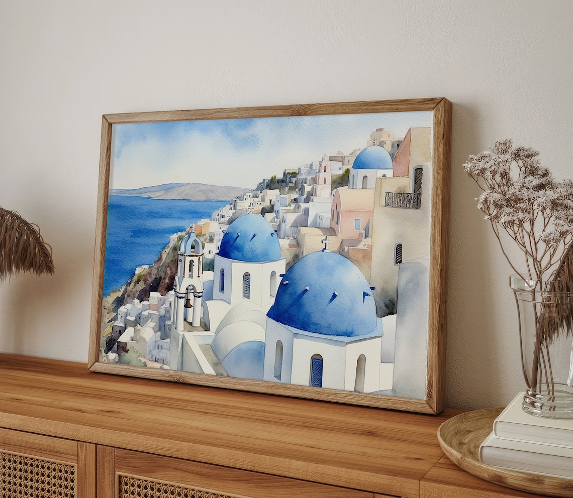 Santorini Watercolor Travel Poster, Greek Coastline - Image 4