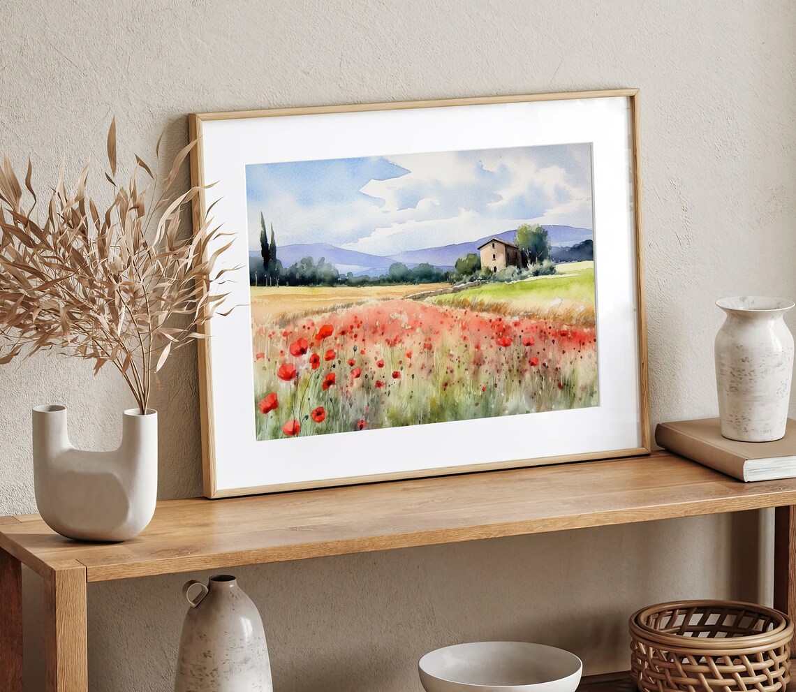 Tuscany Poppy Field Watercolor Art Print, Italy - Image 5
