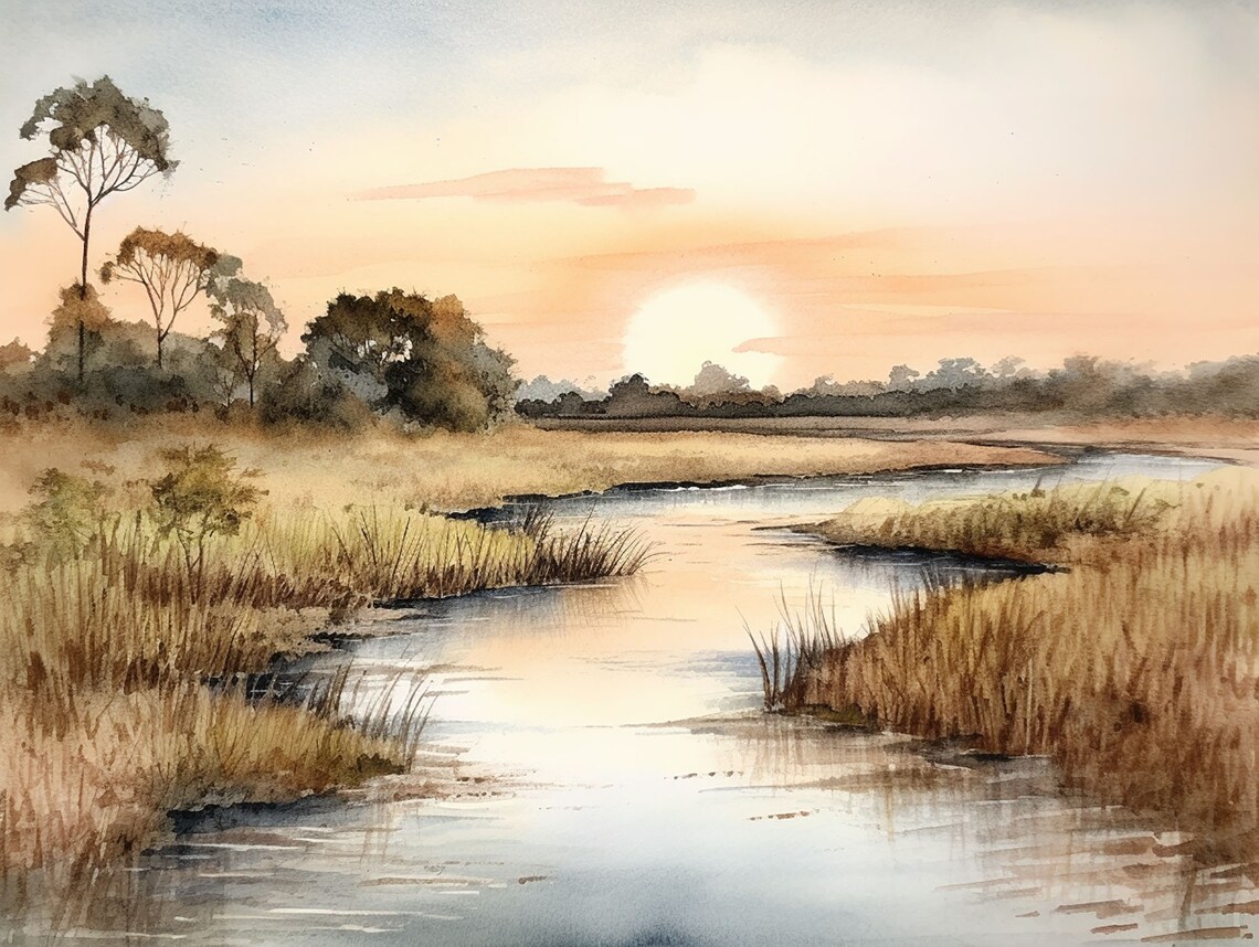 Florida Wetland Watercolor Art Print, Southern Landscape