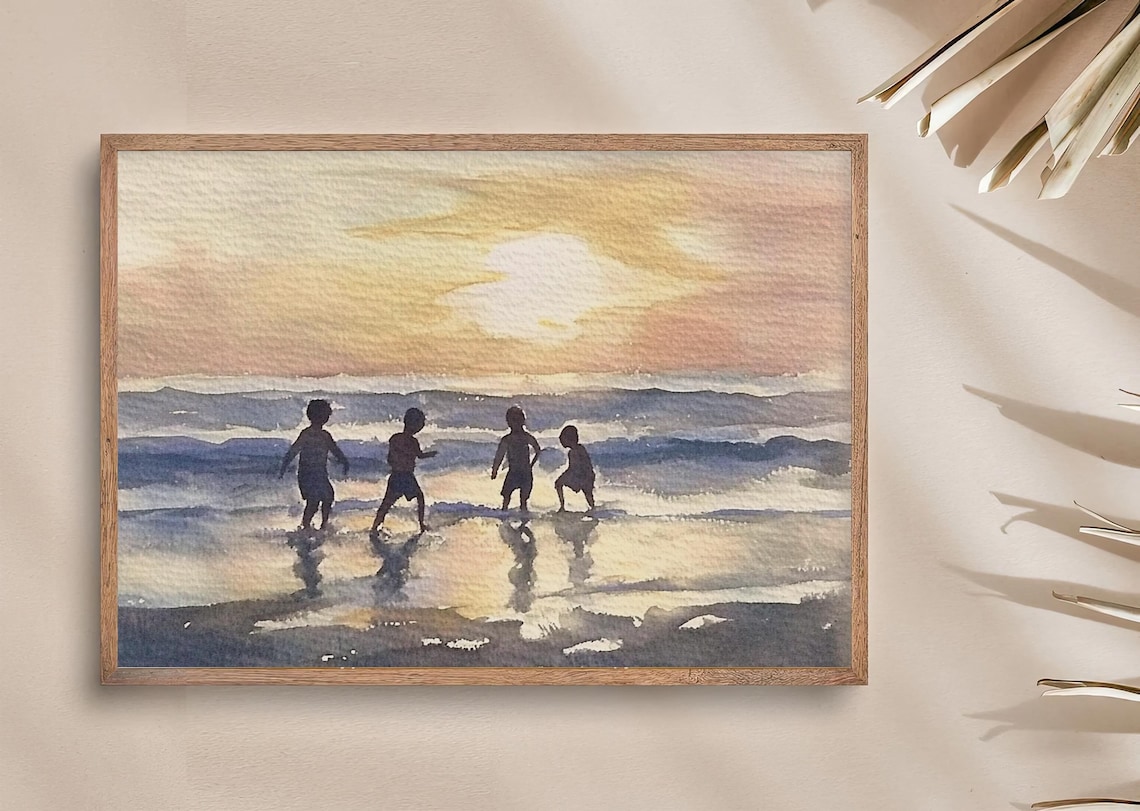 Kids Playing On Beach Watercolor Art Print - Image 4