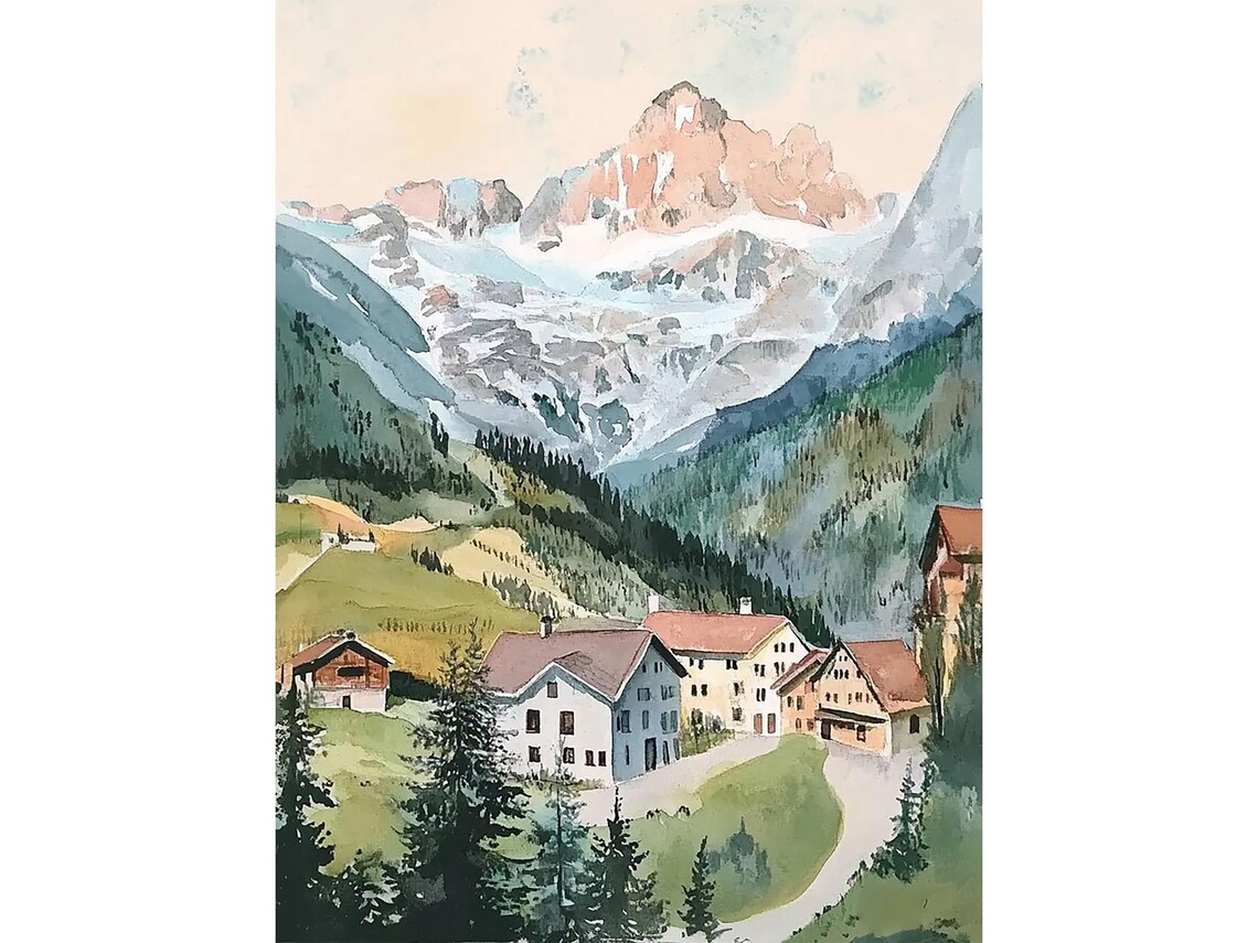 Swiss Alps Watercolor Art Print, Grindelwald Landscape