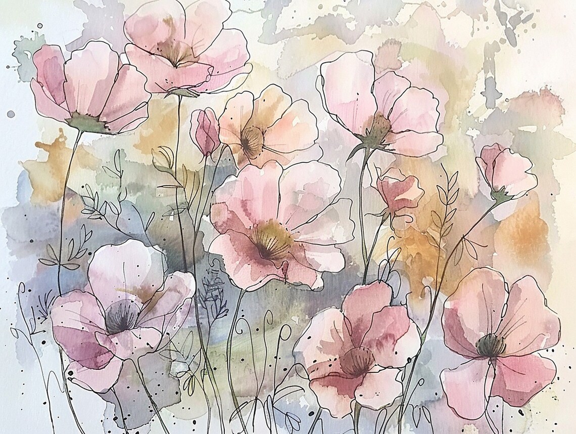 Wildflowers Meadow Watercolor Art Print, Summer Floral