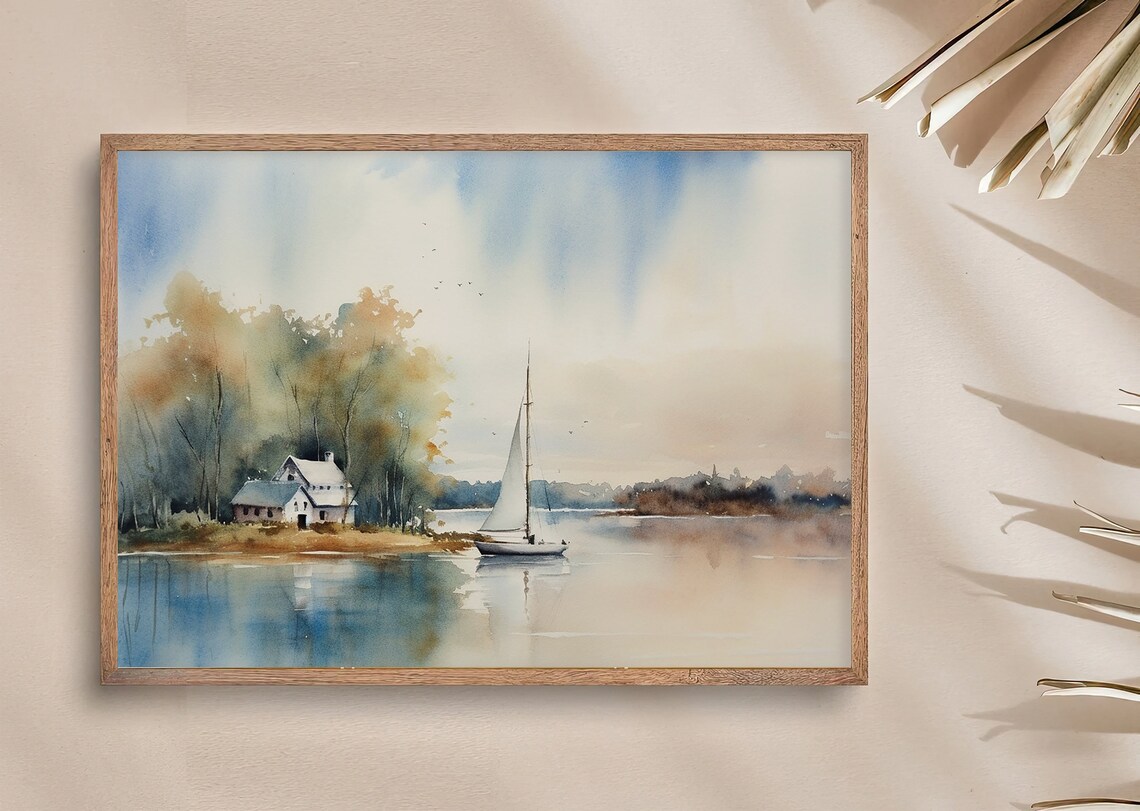 Michigan Lake Sailing Landscape Watercolor Art Print - Image 4