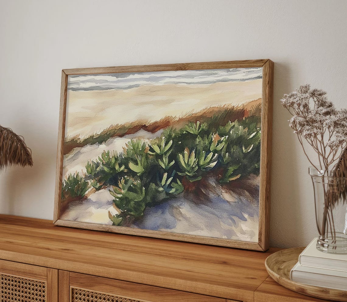Beach Dune Grasses with Ocean Waves Beyond Watercolor Poster - Image 5