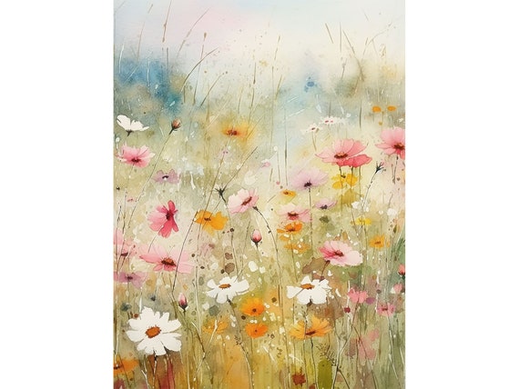Wildflowers Meadow Watercolor Art Print, Rustic Floral Decor