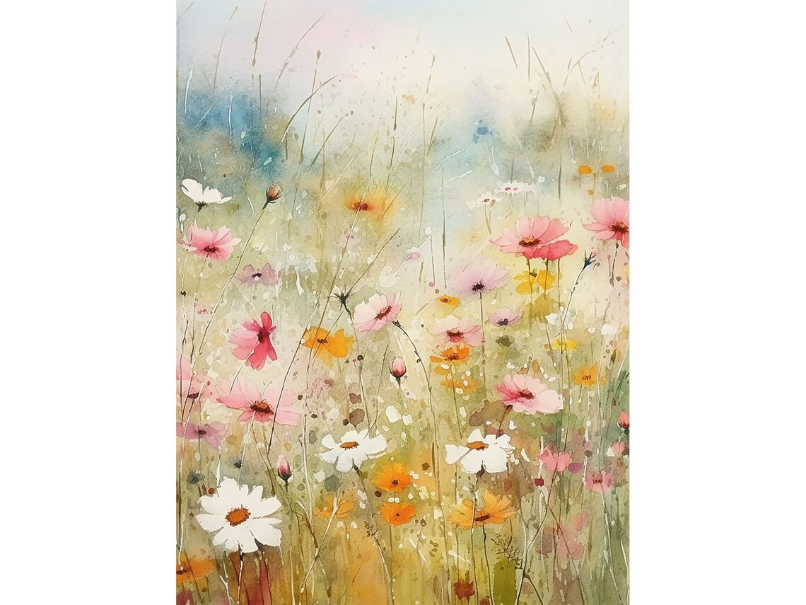 Wildflowers Meadow Watercolor Art Print, Rustic Floral Decor