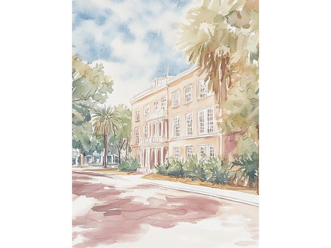 Stately Southern Mansion Framed by Tall Palm Trees Watercolor Poster