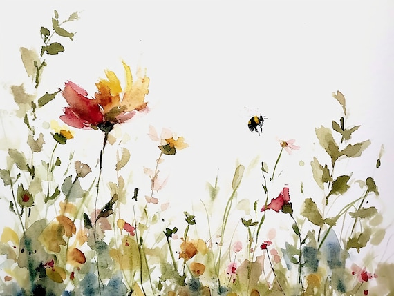 Delicate Wildflower Meadow with Bumblebee Watercolor Wall Art