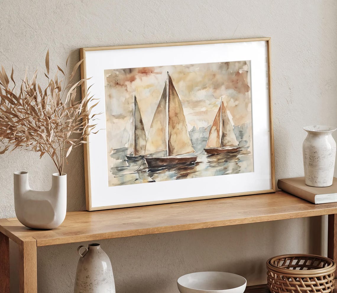 Three Sailboats Gliding Across a Soft Sunset Sea Watercolor Poster - Image 2