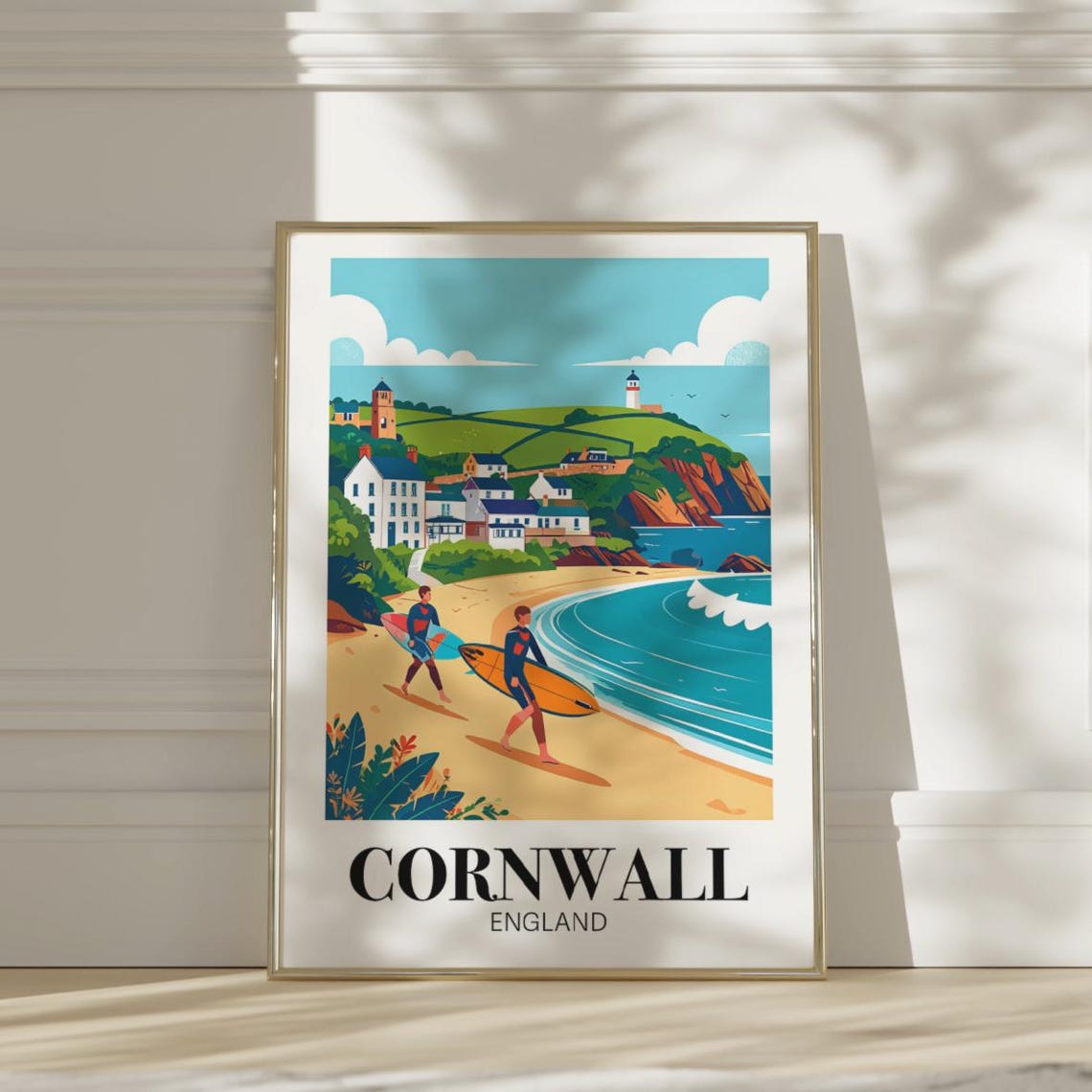 Cornwall England Surfers Beach Lighthouse Coastal Travel Poster