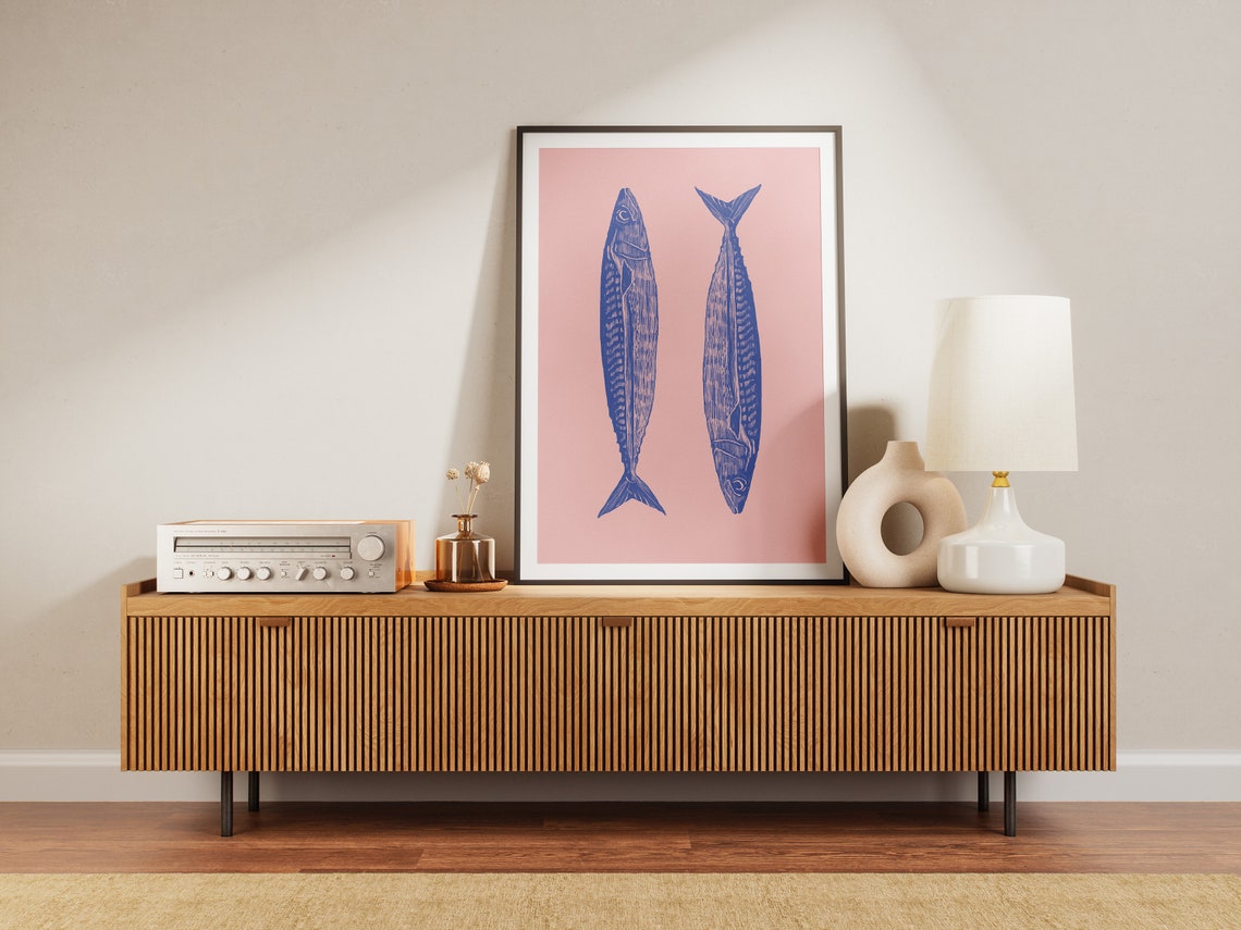 Blue Sardines Pair Pink Background Coastal Kitchen Wall Poster - Image 2