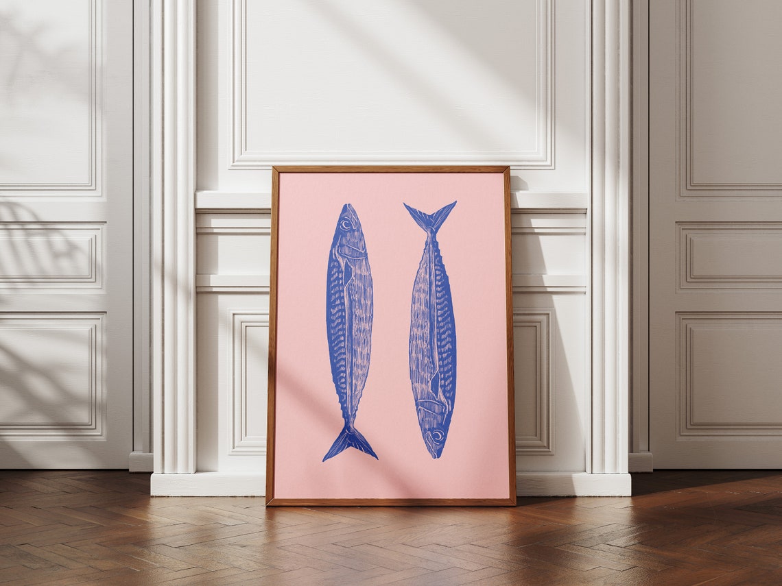 Blue Sardines Pair Pink Background Coastal Kitchen Wall Poster - Image 3