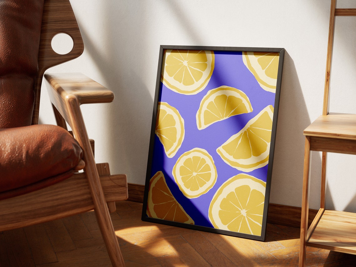 Lemon Slices Bold Blue Background Citrus Fruit Pattern Art Poster - Image 2