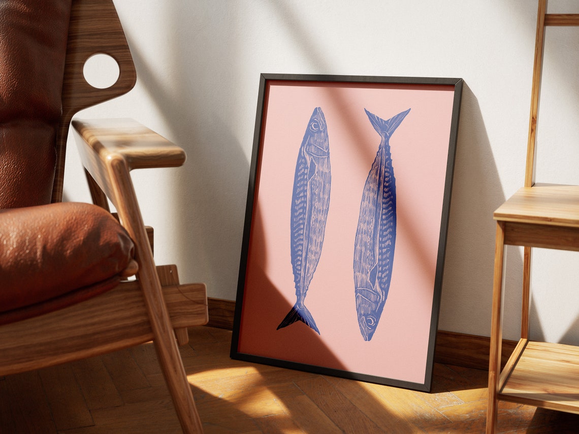 Blue Sardines Pair Pink Background Coastal Kitchen Wall Poster - Image 4
