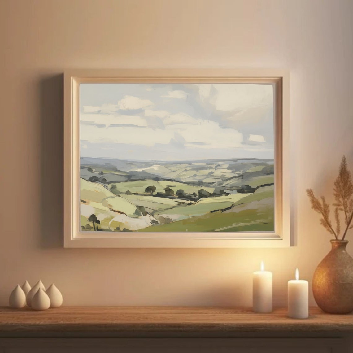 Muted Green Rolling Hills Under Cloudy Sky Rustic Landscape Poster - Image 2