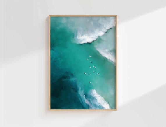 Aerial Teal Ocean Waves Surfers From Above Coastal Surf Art Poster