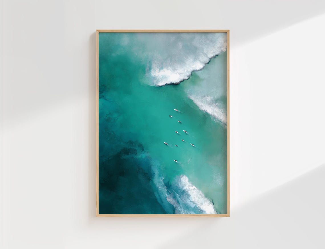 Aerial Teal Ocean Waves Surfers From Above Coastal Surf Art Poster
