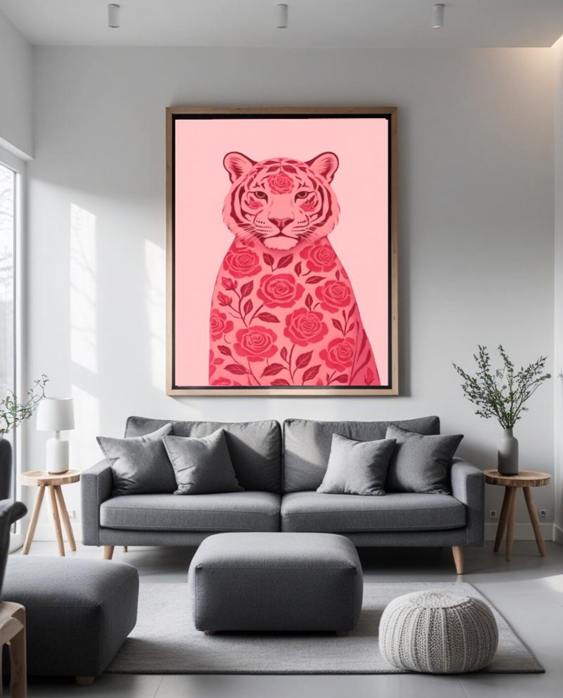 Pink Rose Pattern Tiger Portrait Blush Modern Feminine Floral Art Poster