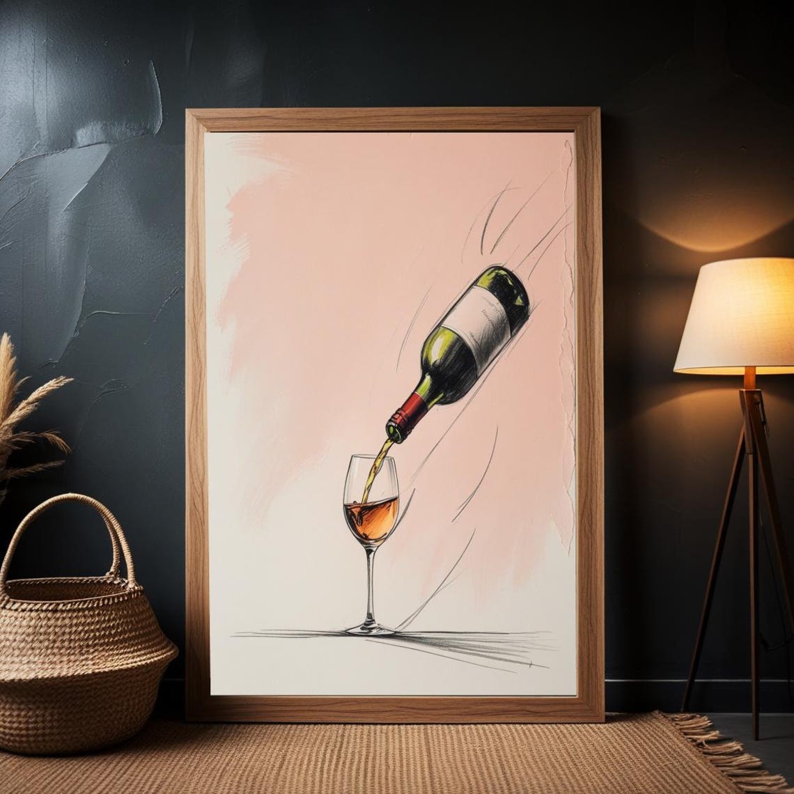 Wine Bottle Pouring Rose Glass Minimalist Sketch Kitchen Poster
