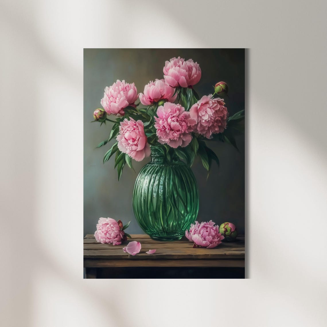 Pink Peonies in Green Ribbed Glass Vase Floral Still Life Poster