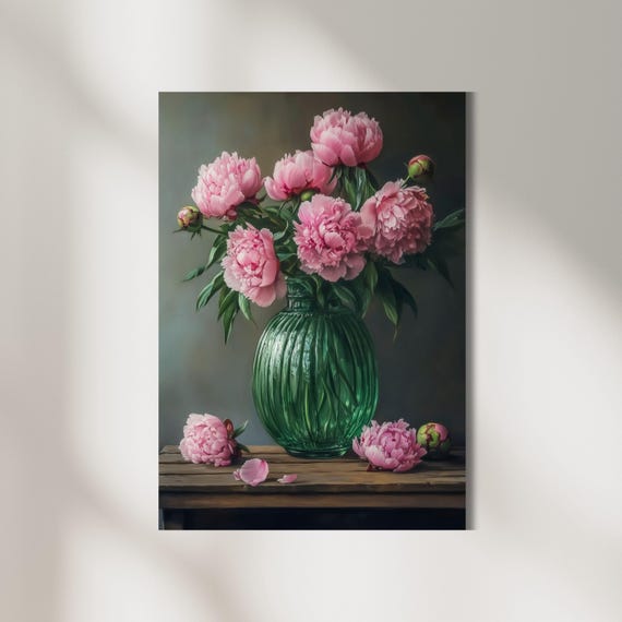 Moody Pink Peonies Painting Print Vintage Floral Flower Art Wall Print Fine Art Print Large Wall Art Print
