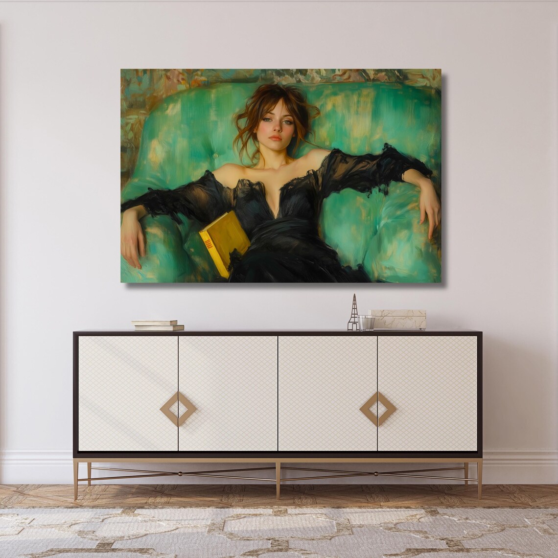 Woman Reclining on Teal Sofa with Book Impressionist Wall Art - Image 5