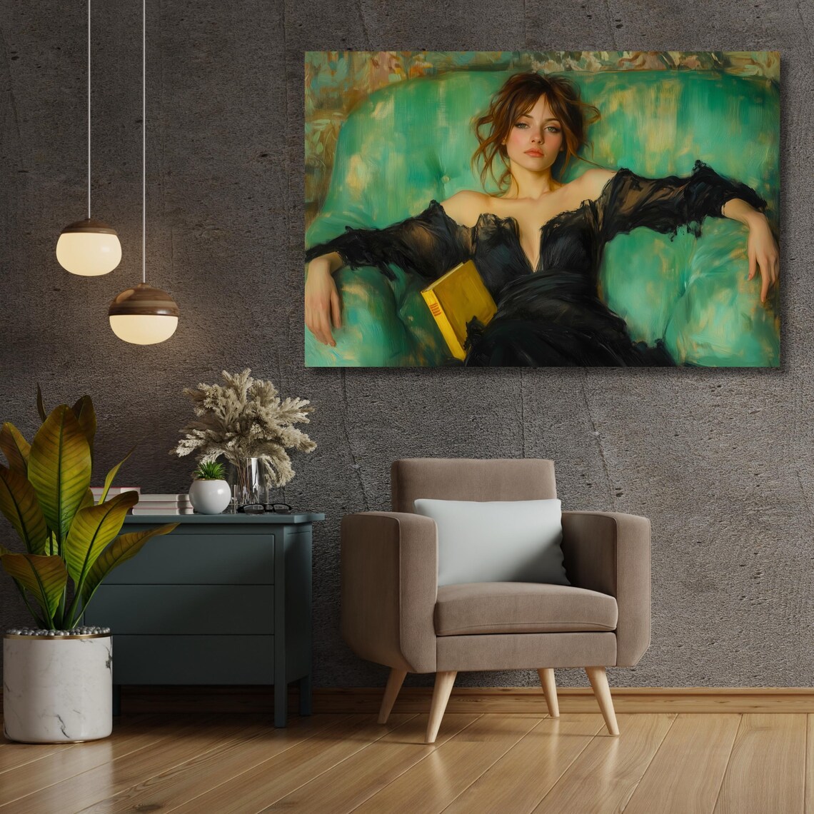 Woman Reclining on Teal Sofa with Book Impressionist Wall Art - Image 3