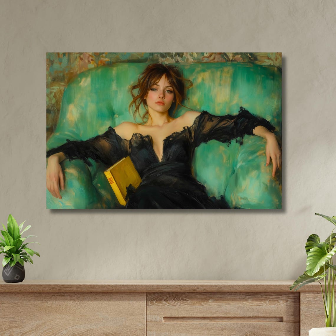 Woman Reclining on Teal Sofa with Book Impressionist Wall Art - Image 2