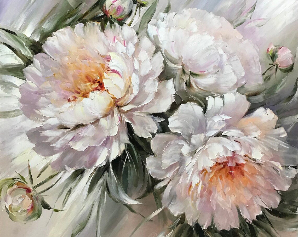 Abstract Peonies Painting Original Peony Wall Art Big Flower Painting Pastel Color Artwork White Peony Oil Painting 36x36 Large Floral Art