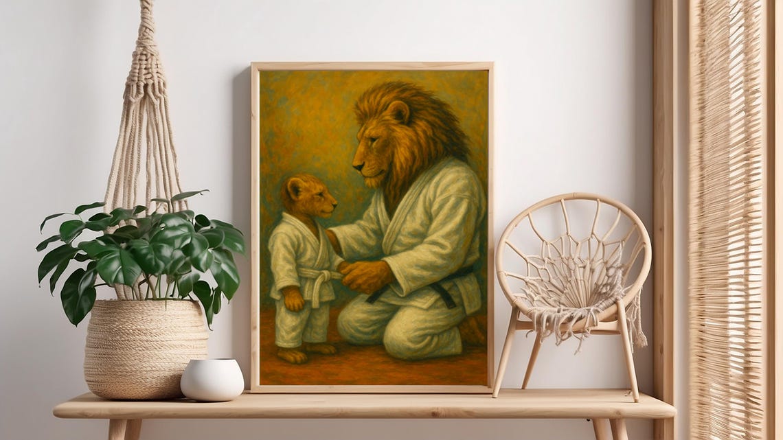 Lion and Cub Karate Training Wholesome Funny Animal Poster Art