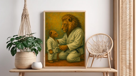 Martial Arts Lion Dad And Cub Wall Art Heartwarming Poster Like Painting Gi Uniform Fatherson Bond Print Decor