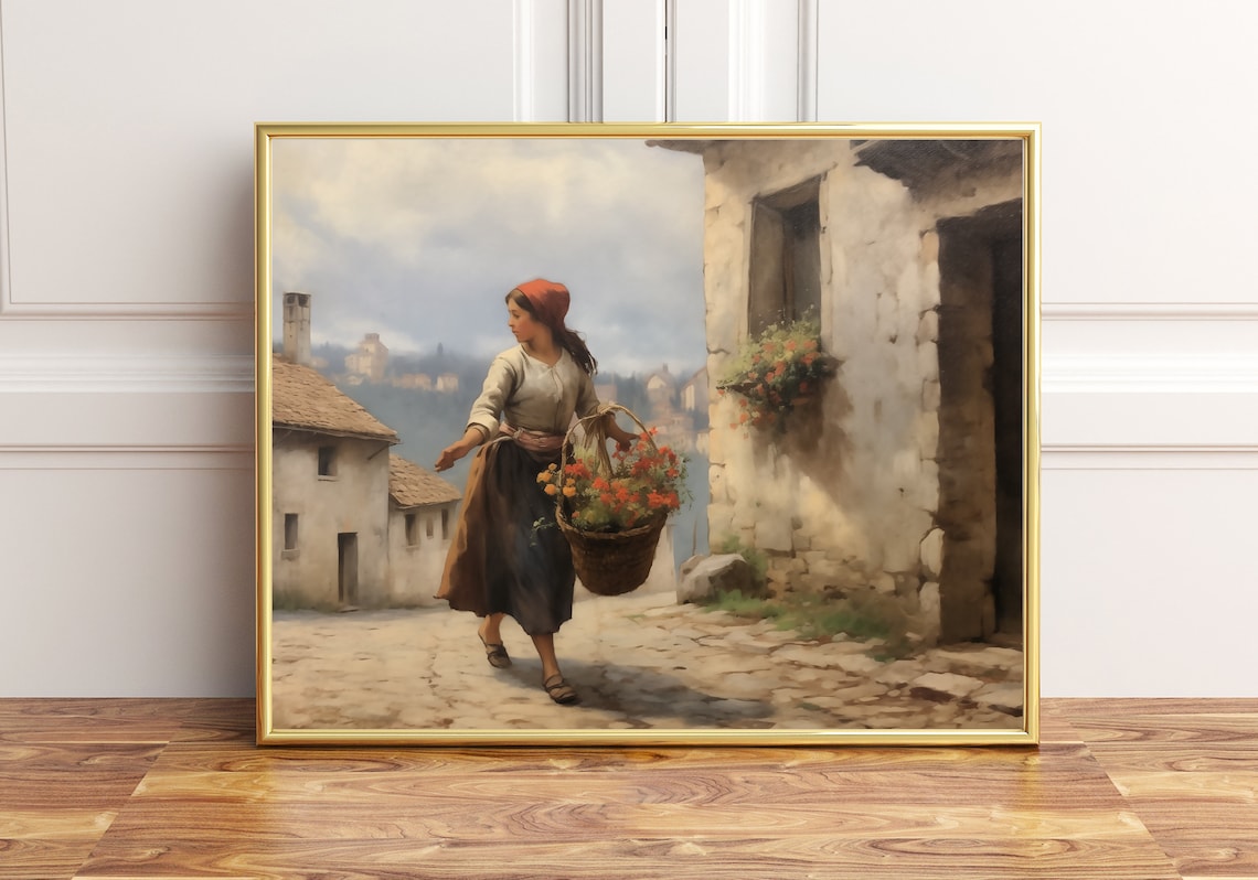 Flower Seller Woman Walking Stone Village Alley Classic Art Poster