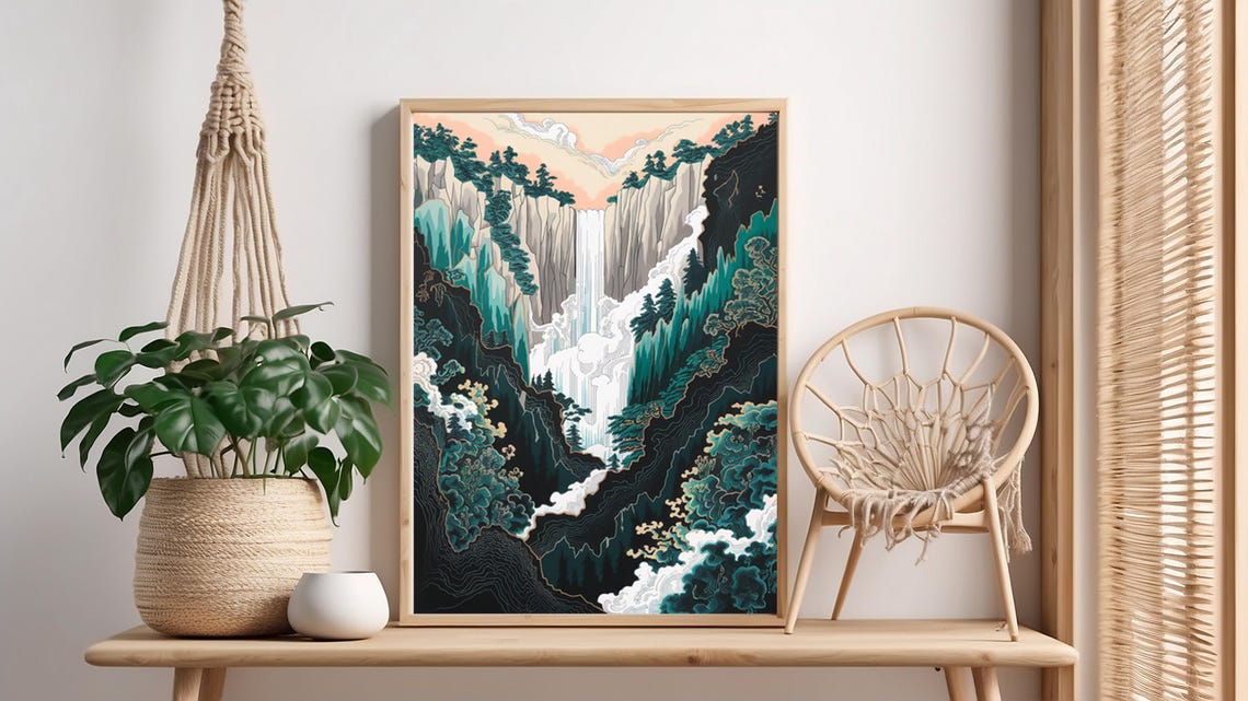East Asian Waterfall Misty Mountain Fantasy Landscape Poster
