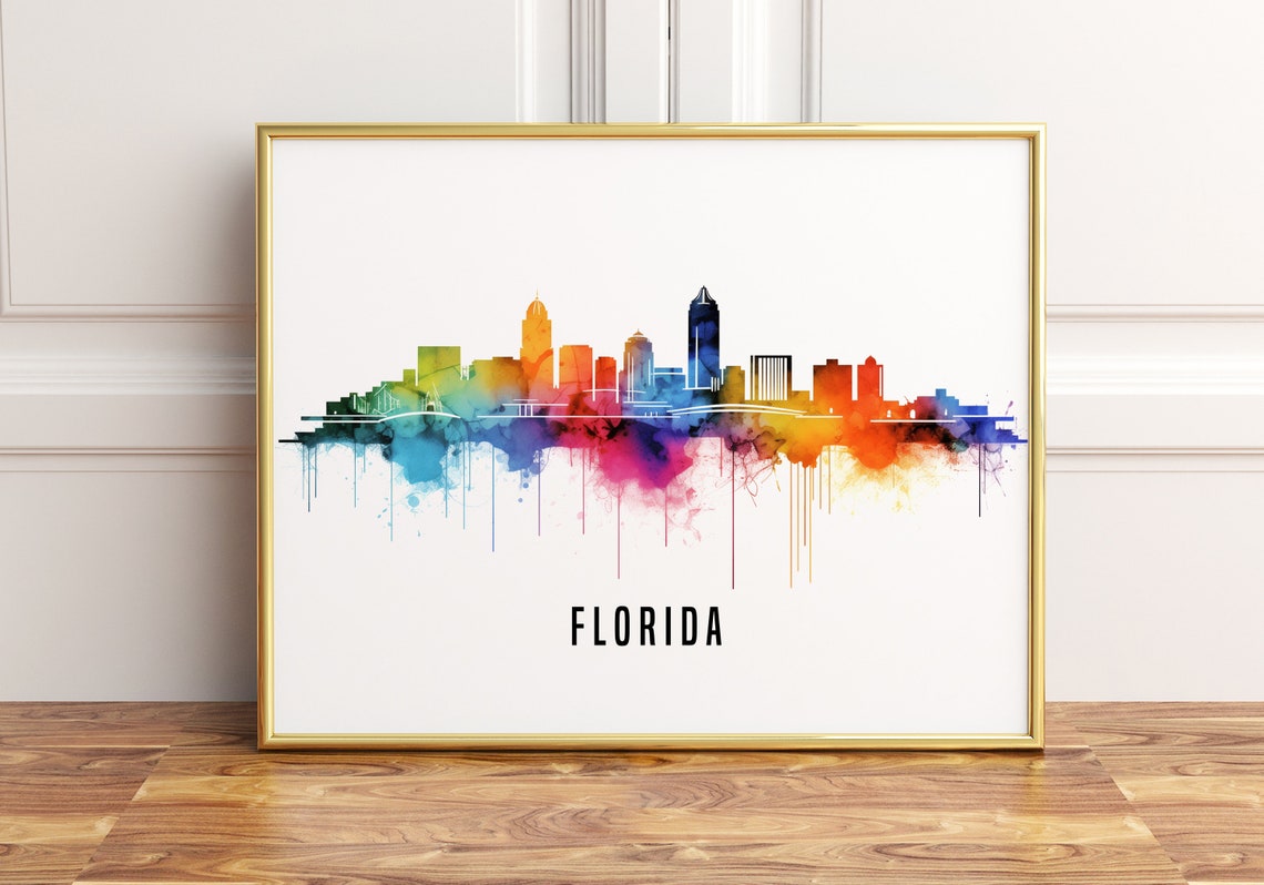 Florida Rainbow Watercolor Skyline Cityscape Art Wall Poster