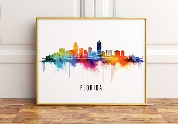 Florida Rainbow Watercolor Skyline Cityscape Art Wall Poster