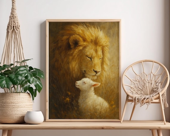 Lion and Lamb Golden Oil Painting Tender Religious Poster Art