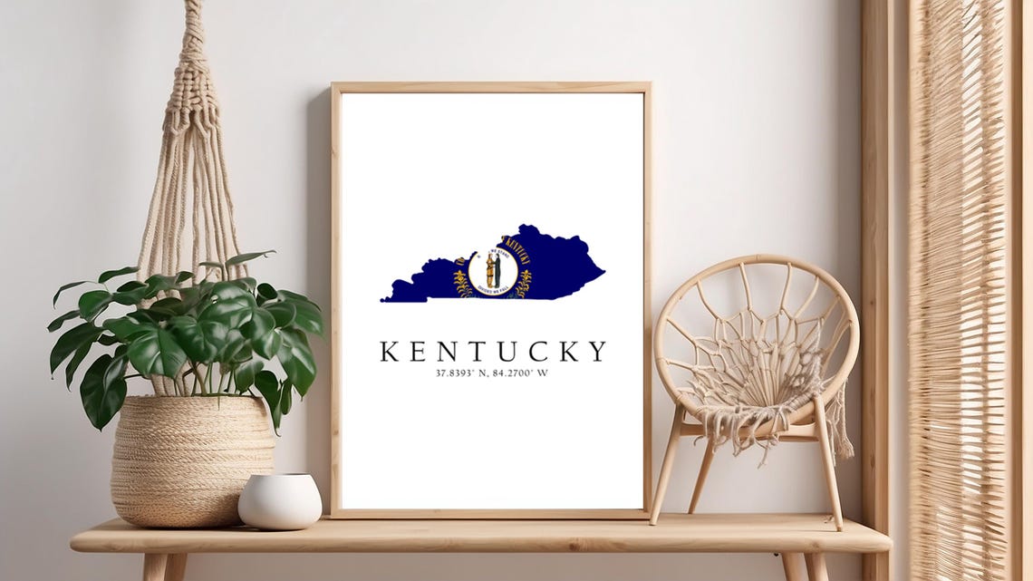 Kentucky State Flag Map Silhouette with Coordinates Wall Art