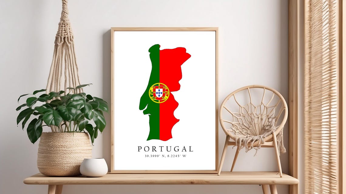 Portugal Map Poster in Flag Colors with Crest and Coordinates