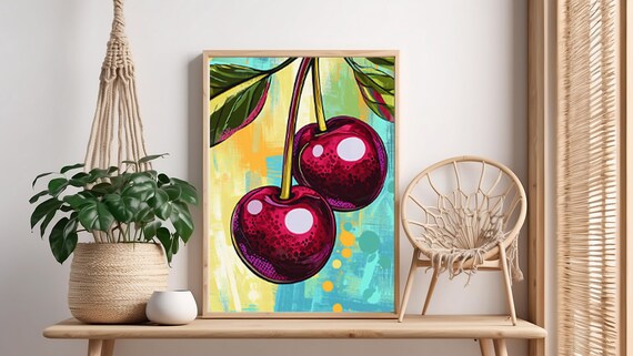 Glossy Cherry Pop Art Painting Vibrant Yellow Teal Fruit Poster