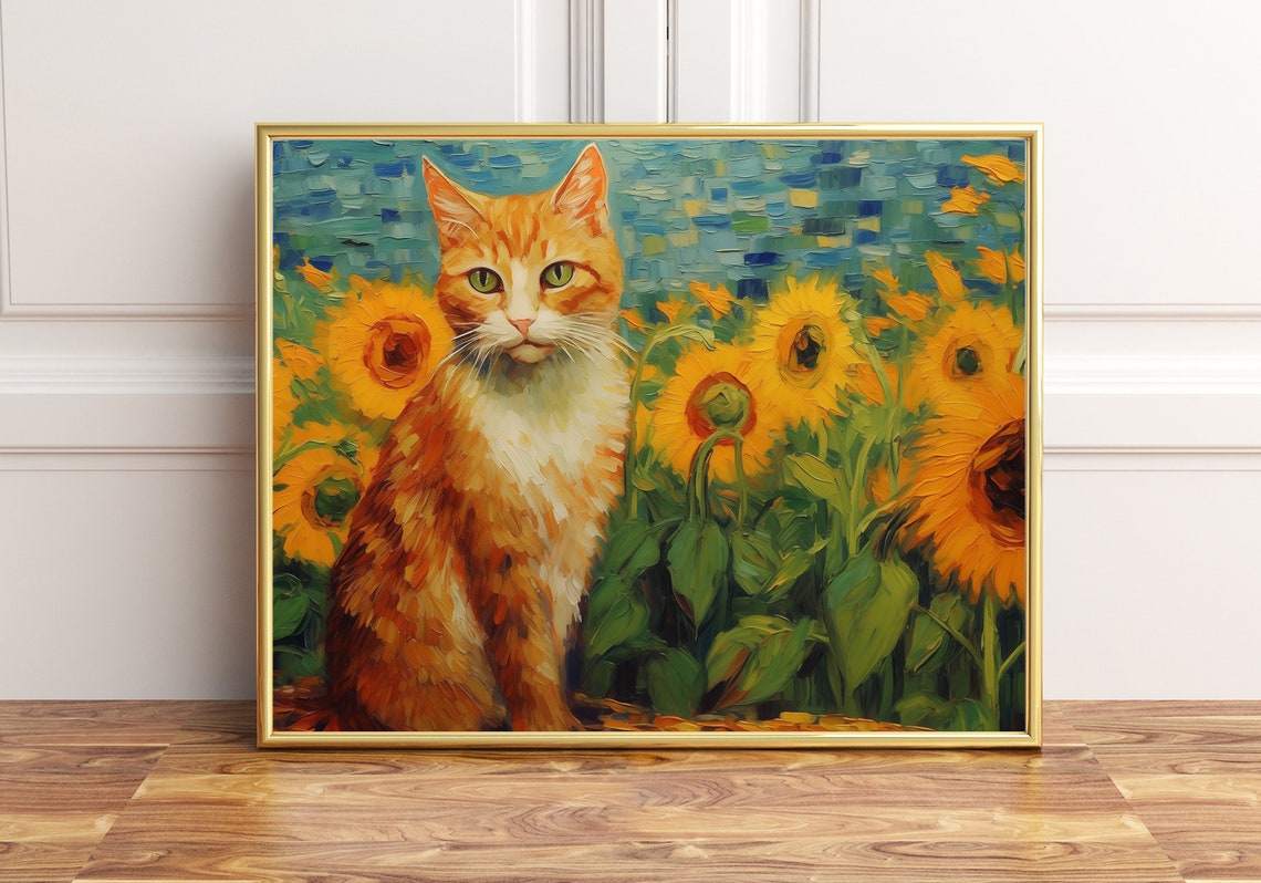 Orange Tabby Cat Sitting Among Sunflowers Impressionist Art Poster